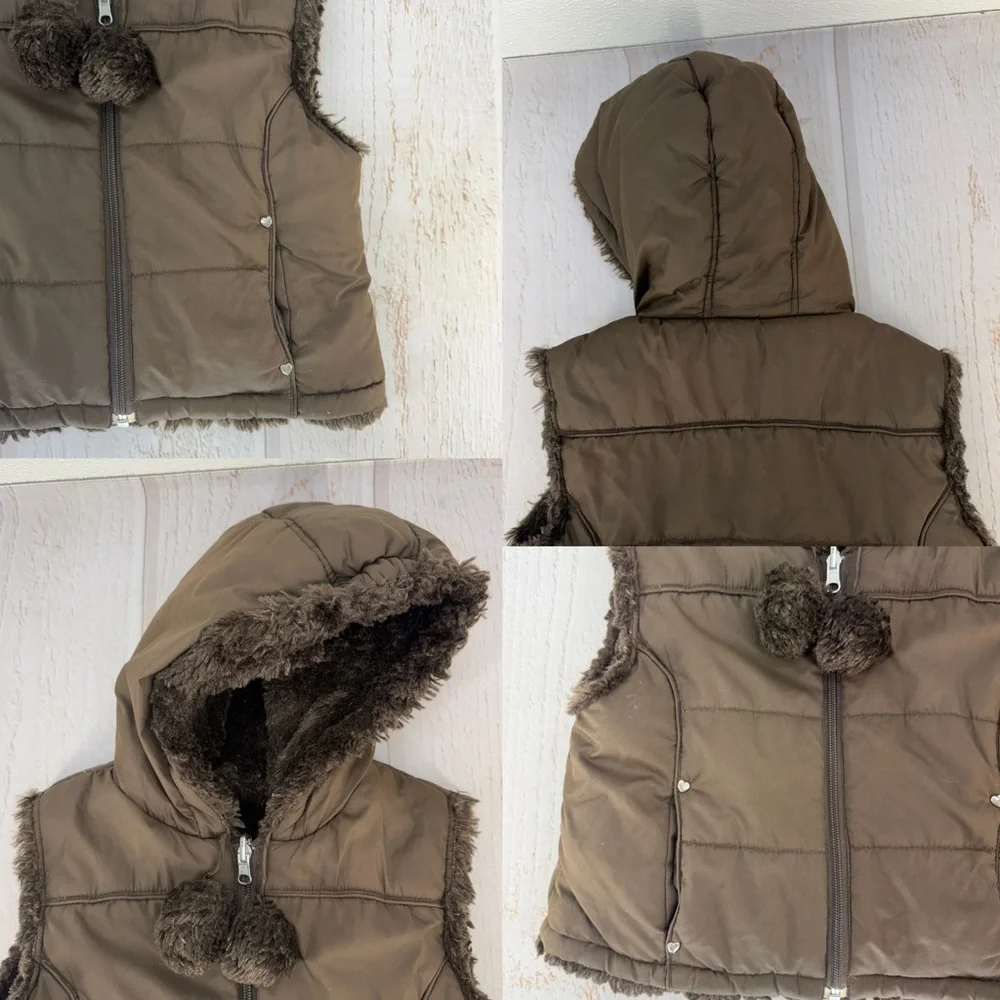 Y2K Faux Fur Hooded Puffer‎ Vest Girls Size 4/5 Brown Pom Pom Winter